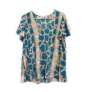 2/$30 Buddy Love - Teal and Beige Snakeskin Short Sleeve Blouse Size Small